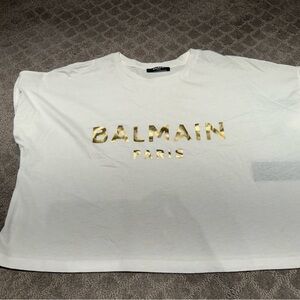 Balmain cropped white tee with gold sz s